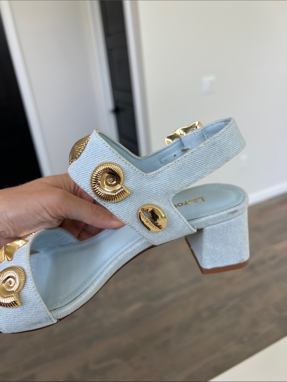 Larroude madison block light blue denim maya heels open toe sandals gold 6 - Picture 15 of 16